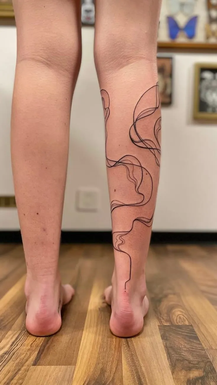 Tatouage fineline de lignes abstraites qui ondulent le long du mollet, encre noire