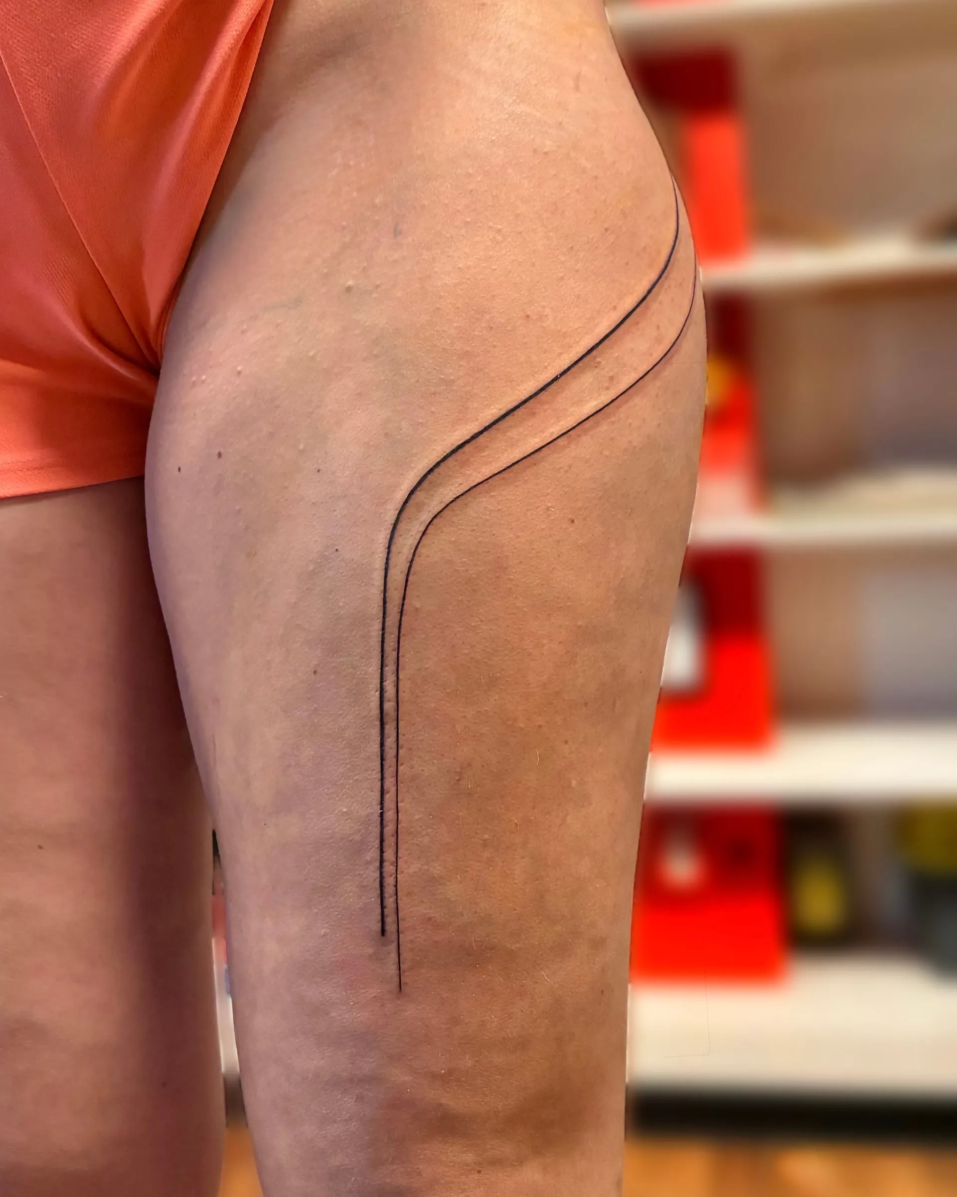 Tatouage abstrait de deux lignes fines courbes qui descendent le long du bras